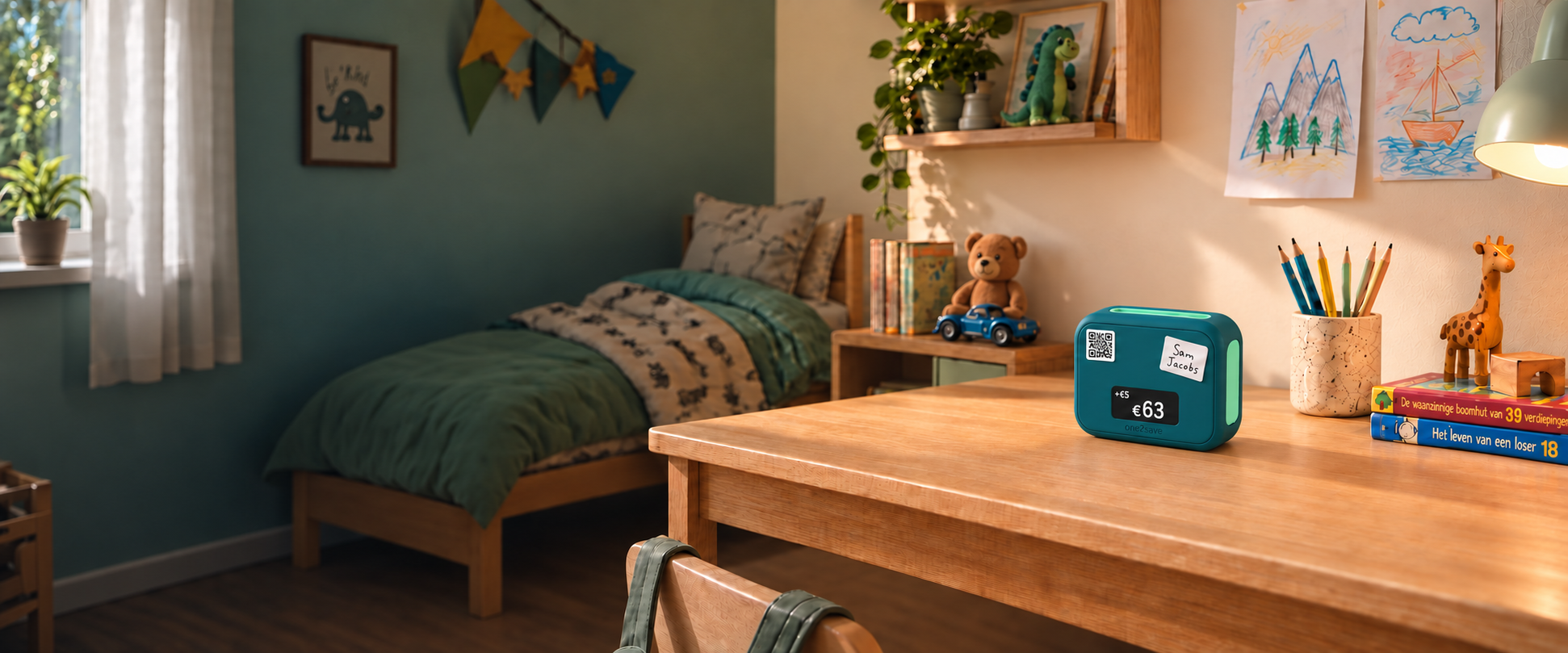 A teal Pocket on a child's desk, with books, drawings and toys