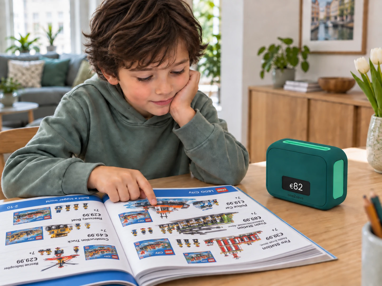 A child looking through a toy catalogue with their Pocket close by